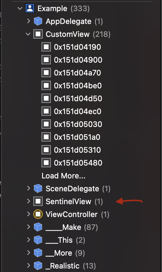 Debug memory graph with lots of CustomView instances and one SentinelView instance