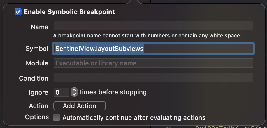 Adding a symbolic breakpoint