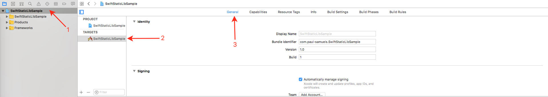 Navigate to your target's `General` tab